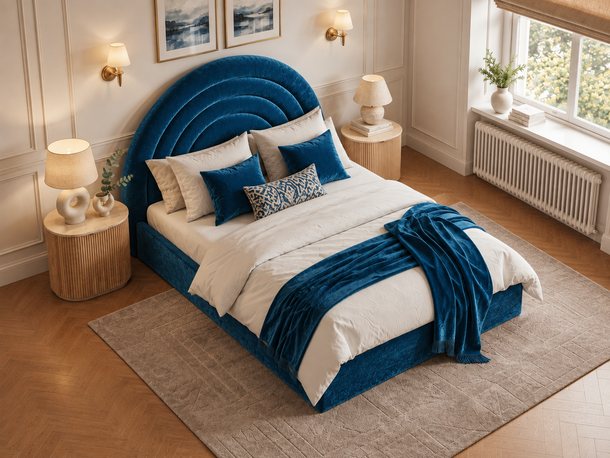 The Archmont Bed in Plush Blue - room view