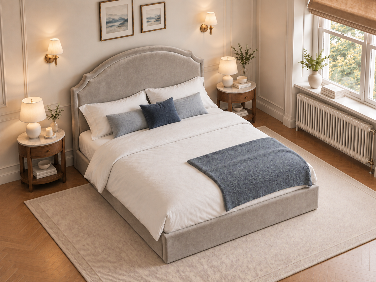 The Asteria Bed in Plush Pebble - room view