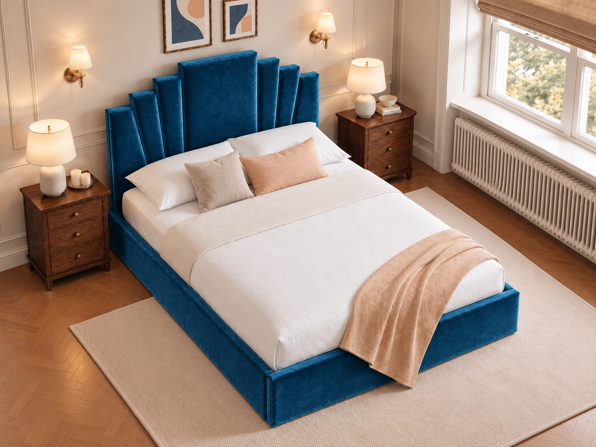 The Monroe Bed in Plush Blue - room view