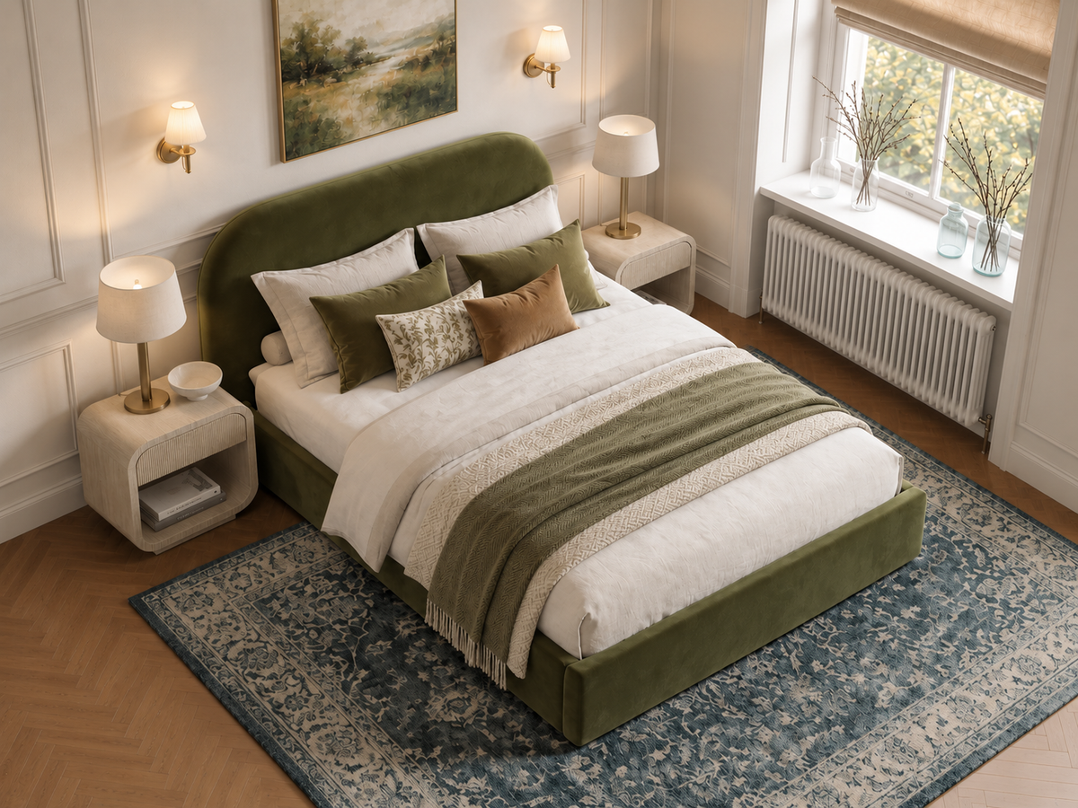 The Celeste Bed in Plush Olive - room view